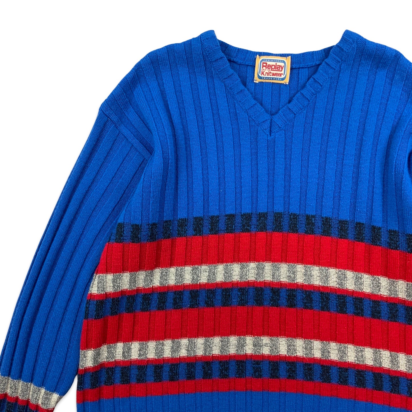 Vintage Replay Blue Red & Grey Ribbed Knit V-neck Jumper 18 20 22