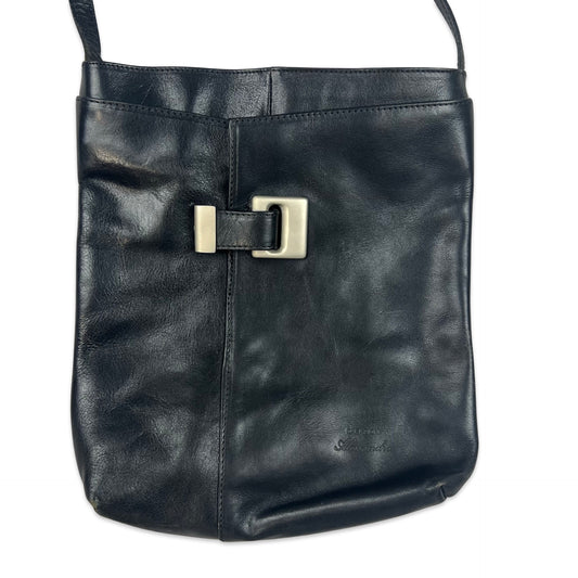 90s Vintage Leather Crossbody Handbag Black Silver