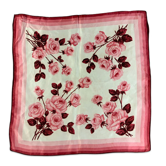 Vintage Pink Burgundy Floral Silk Scarf