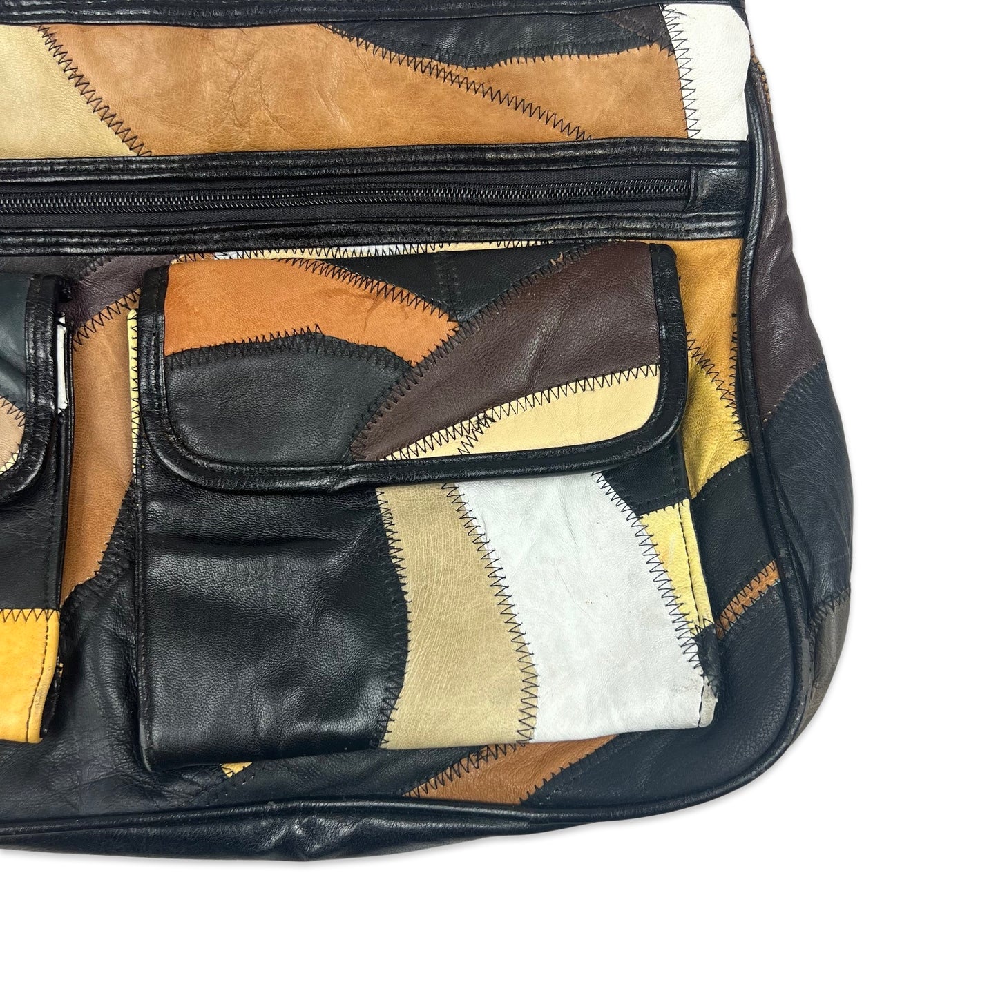 Vintage 90s Black Brown Orange Cream Leather Patchwork Handbag