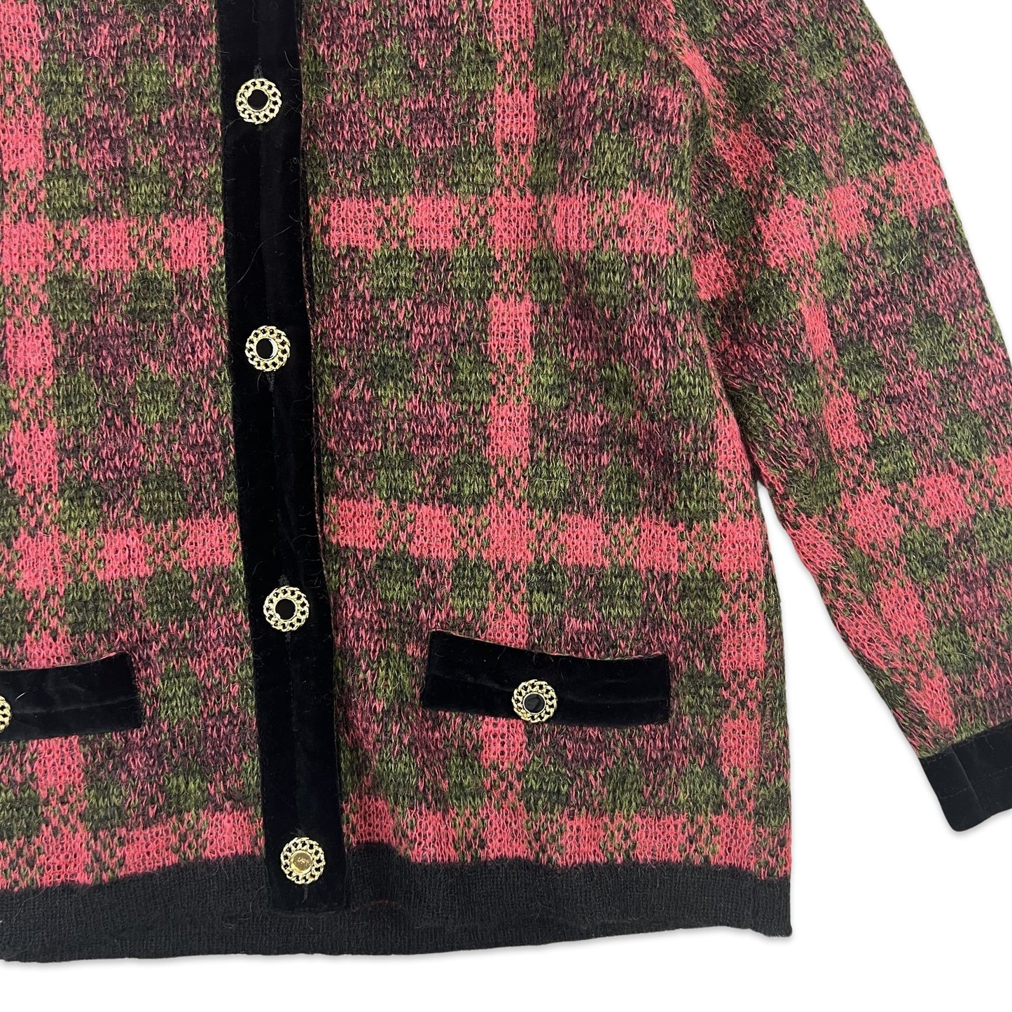 80s Vintage Mohair Cardigan Checkered Black Pink Green 14 16 18
