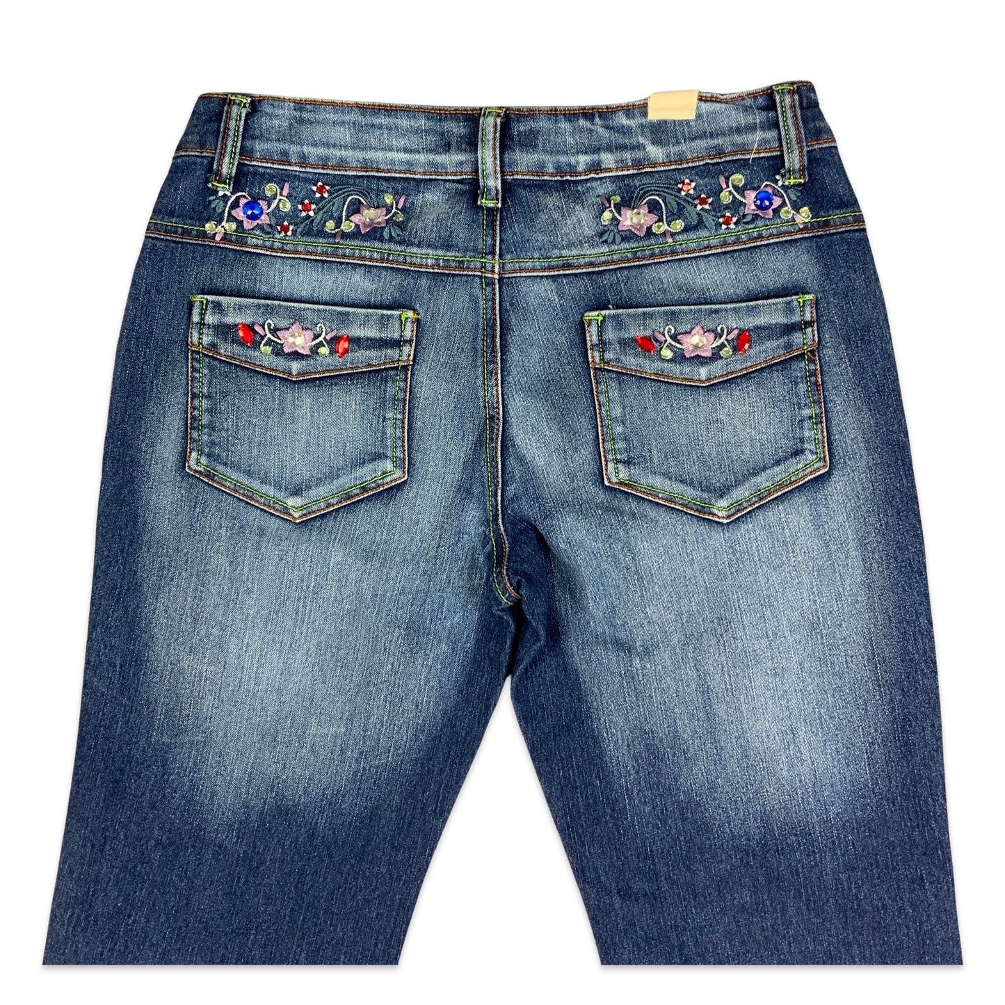 90s Y2K Dark Blue Denim Bootcut Jeans Flower Embroidery 10 12
