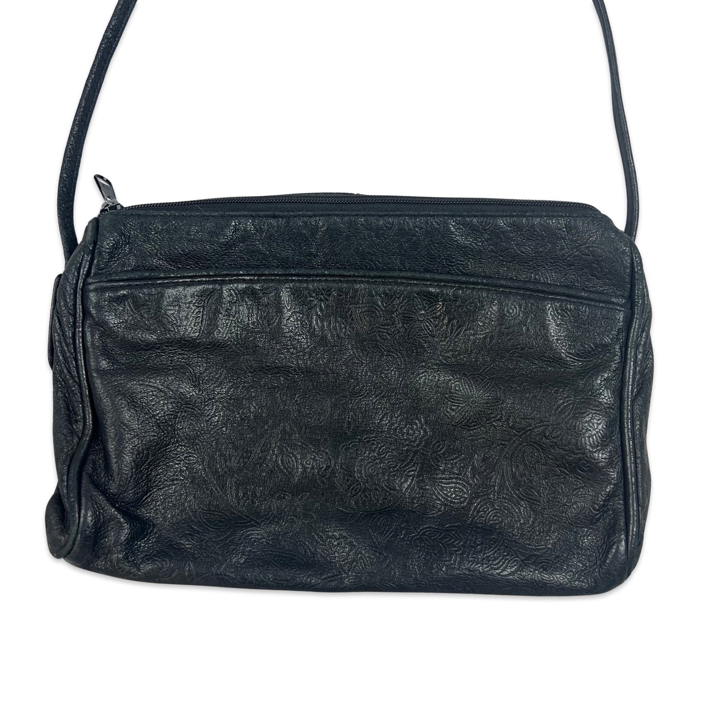 90s Vintage Leather Crossbody Handbag Floral Black