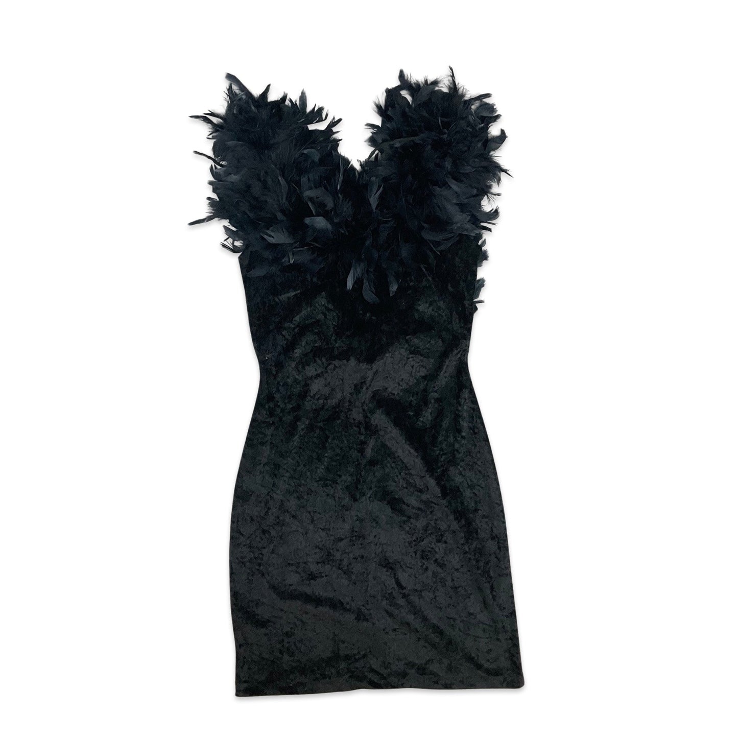 Vintage 90s Velvet Feather Party Dress Black 8