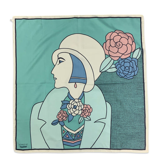 70s Vintage Teal Blue Pink White Art Deco Graphic Silk Scarf