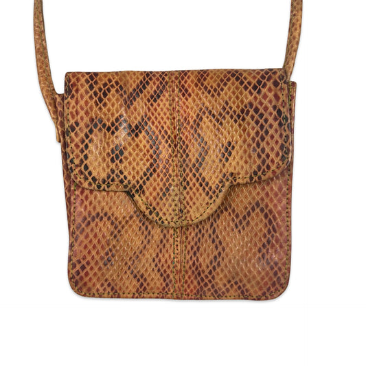 Vintage Tan Brown Snake Print Mini Crossbody Handbag