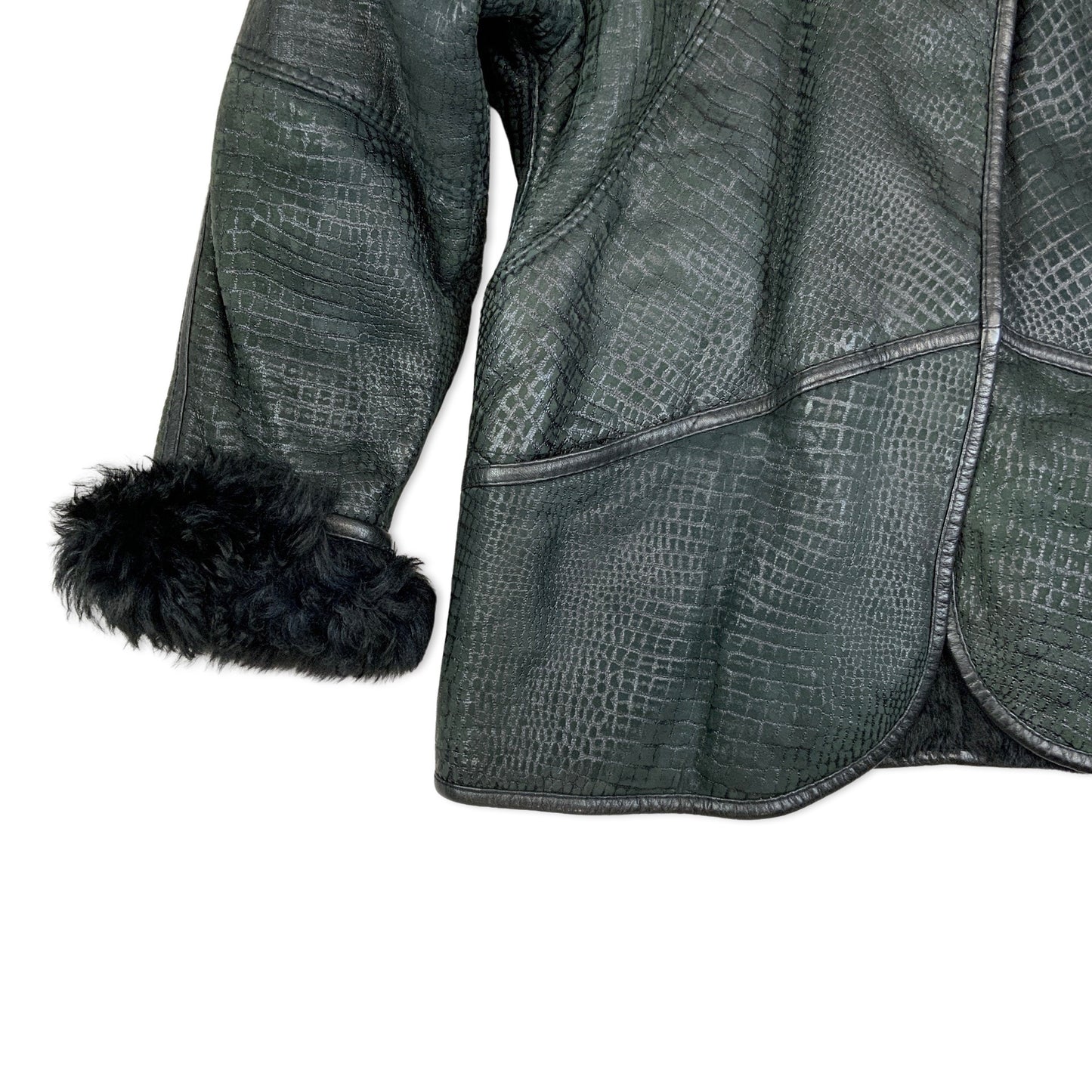 Vintage 80s Faux Crocodile Shearling Coat Dark Green Black 14 16 18