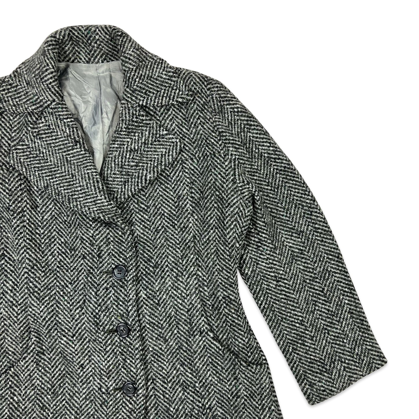 Vintage Midi Wool Coat Herringbone Grey Green 14