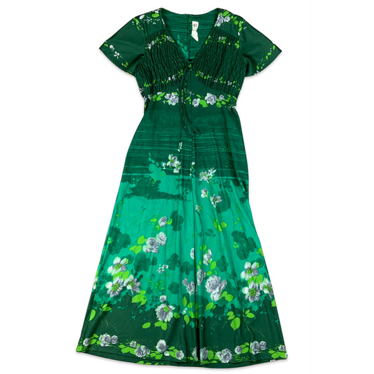 Vintage 70s Green Floral Maxi Dress 12 14