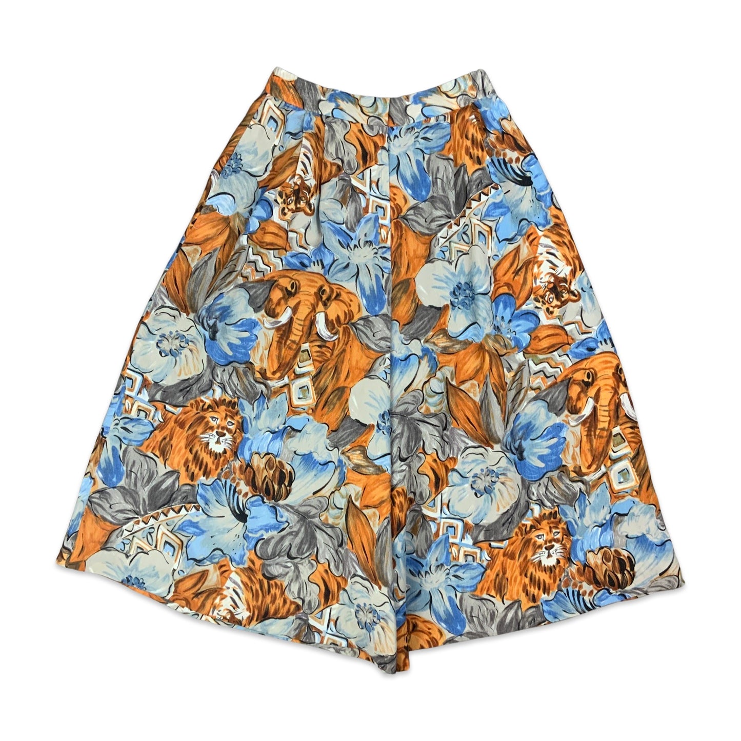 Vintage 80s Blue Grey & Orange Safari Novelty Print Wide Leg Culottes 6 8