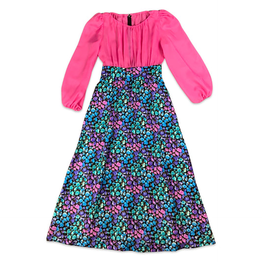 Vintage 70s Pink & Blue Floral Maxi Dress 8 10
