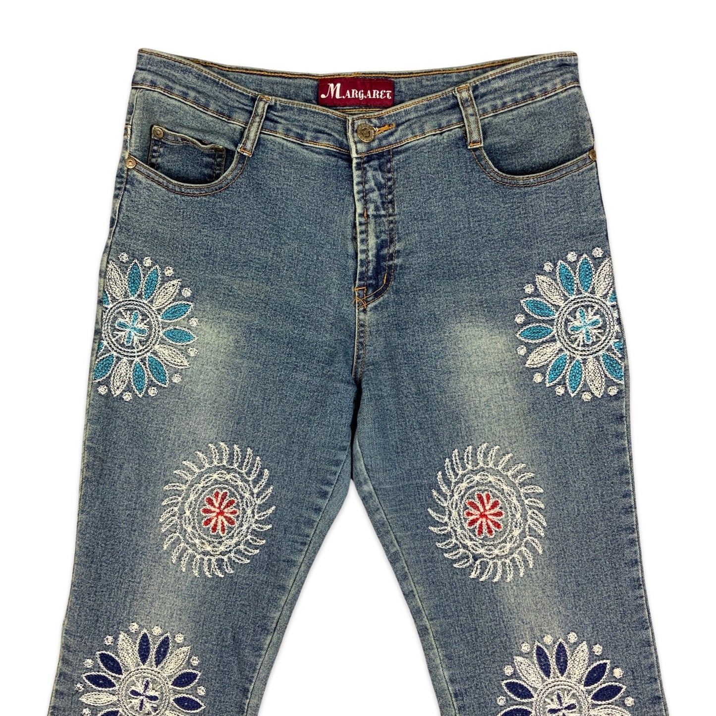 90s Y2K Blue Denim Embroidered Flower Bootcut Jeans 12 14