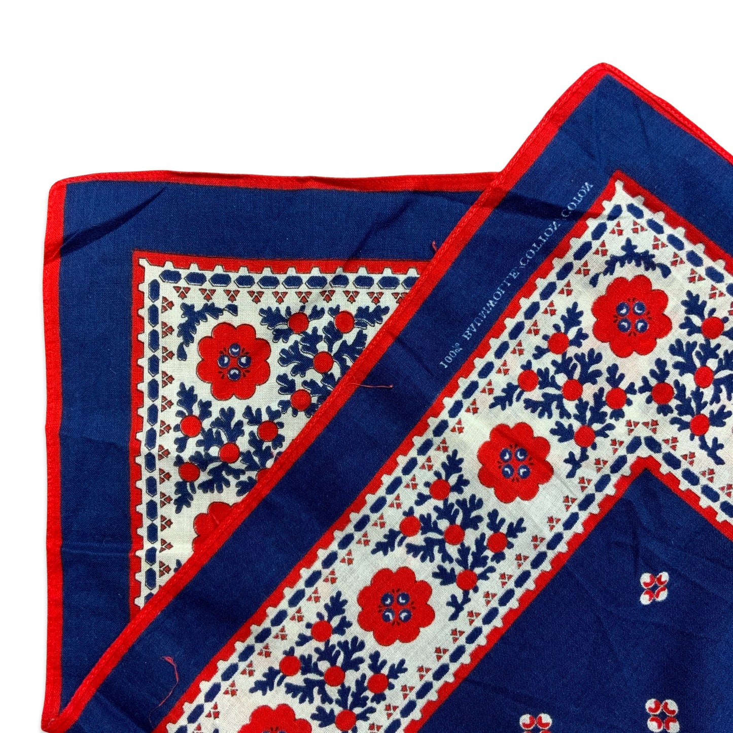 70s Vintage Blue White Red Ditsy Folk Silk Scarf