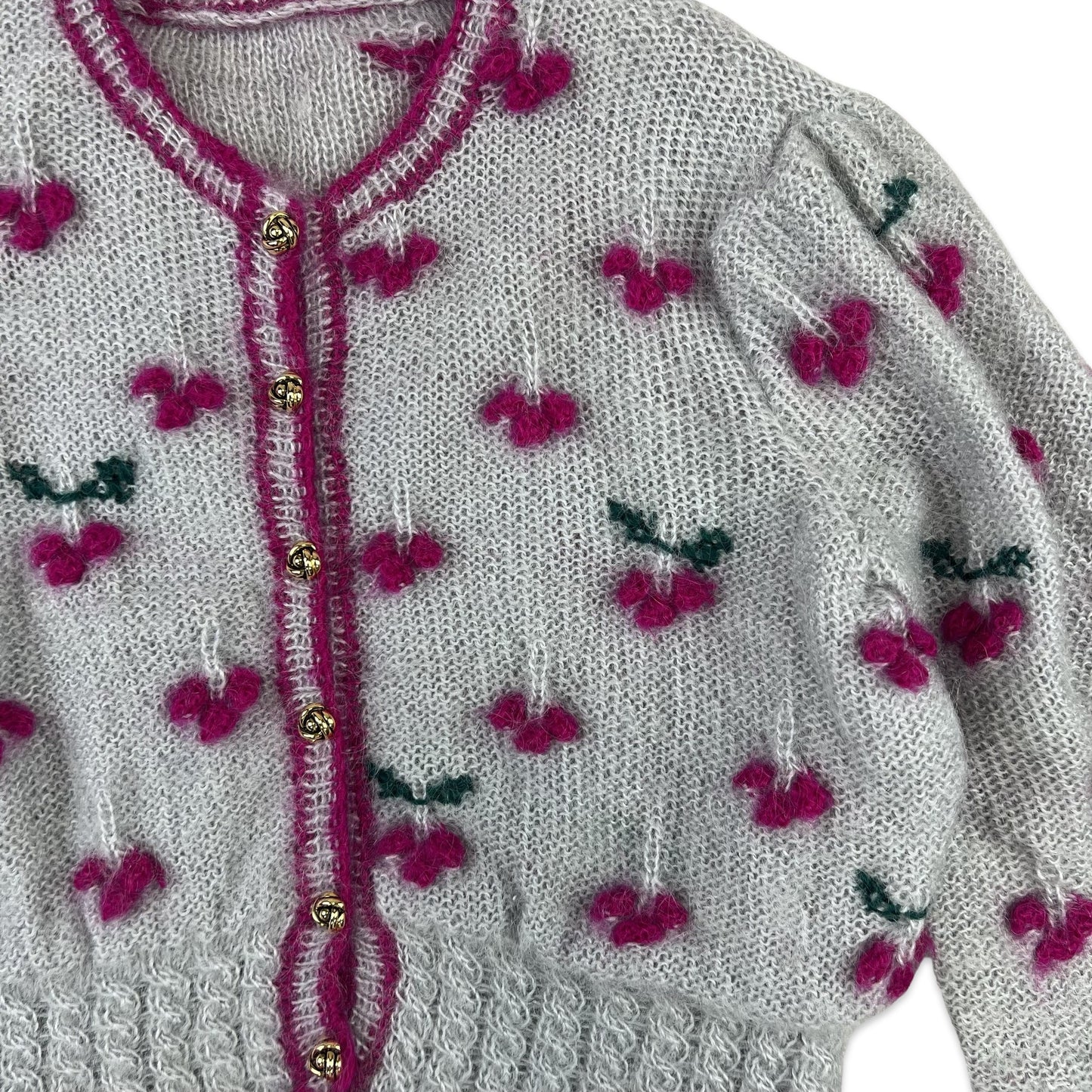 Vintage Mohair Fine Knit Cardigan 3D Cherry Peplum Grey Pink 12 14 16