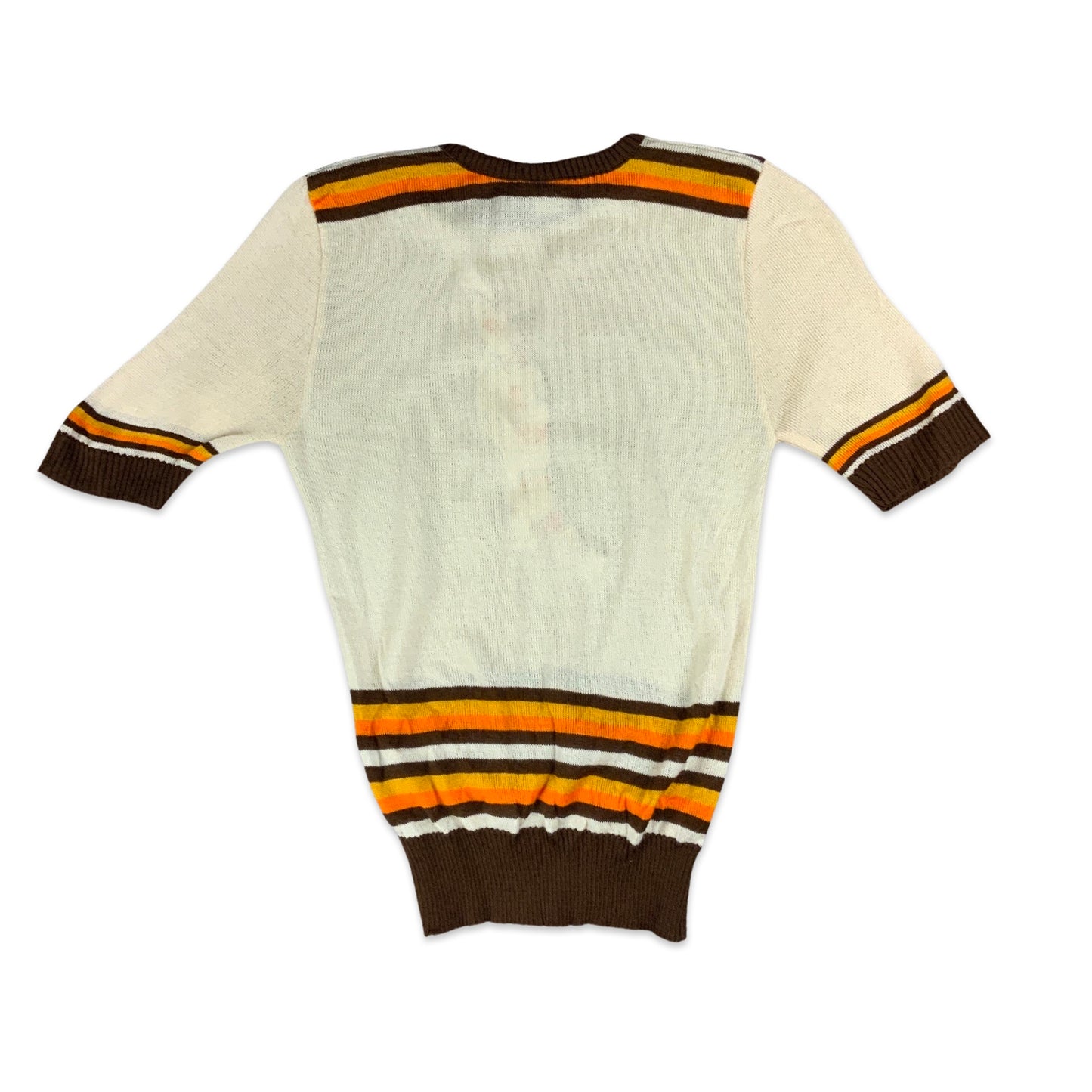 Vintage 70s Cream Brown & Orange Novelty Short Sleeved Jumper 8 10