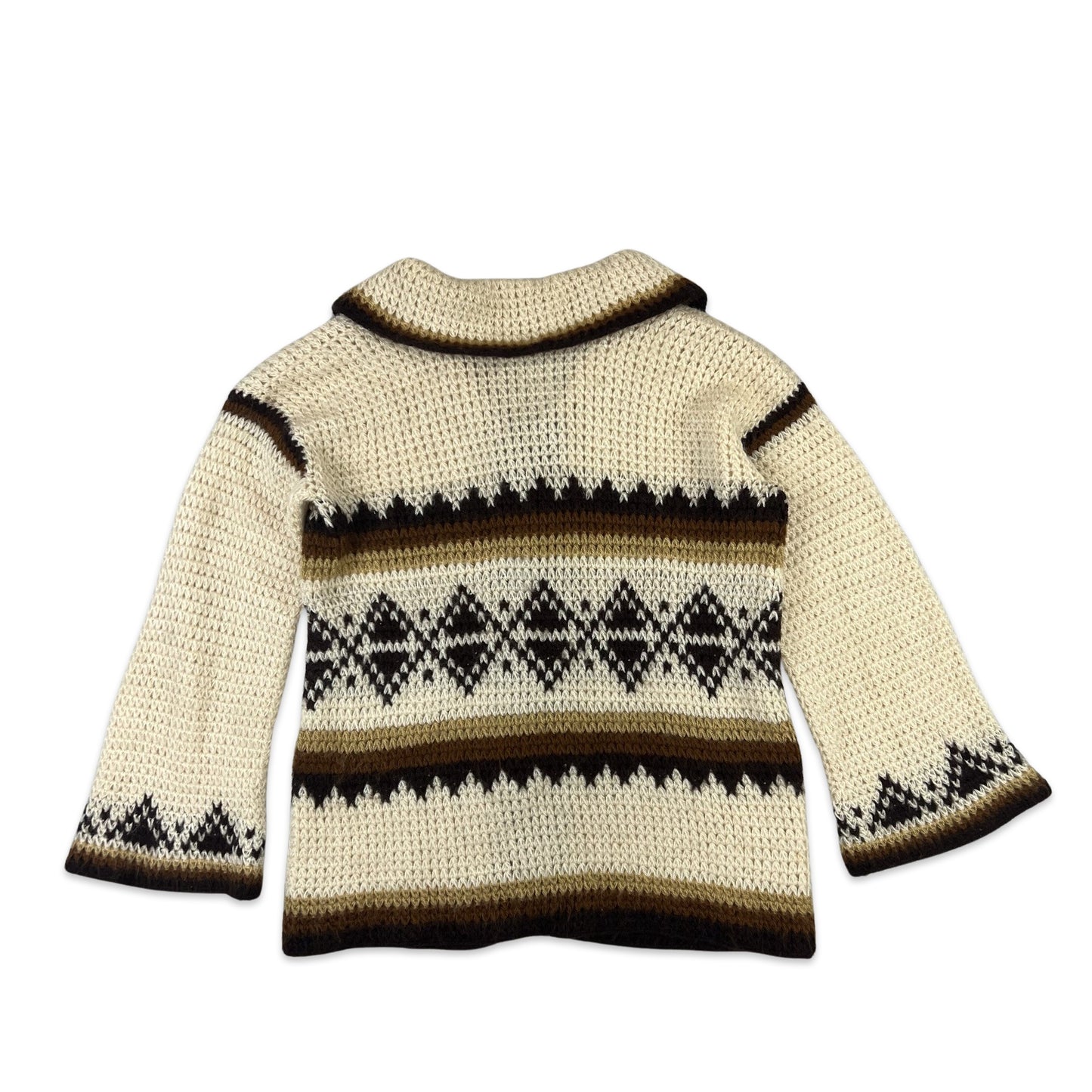 70s Vintage Knit Patterned Cardigan Flared Sleeves Cream Brown 14 16 18