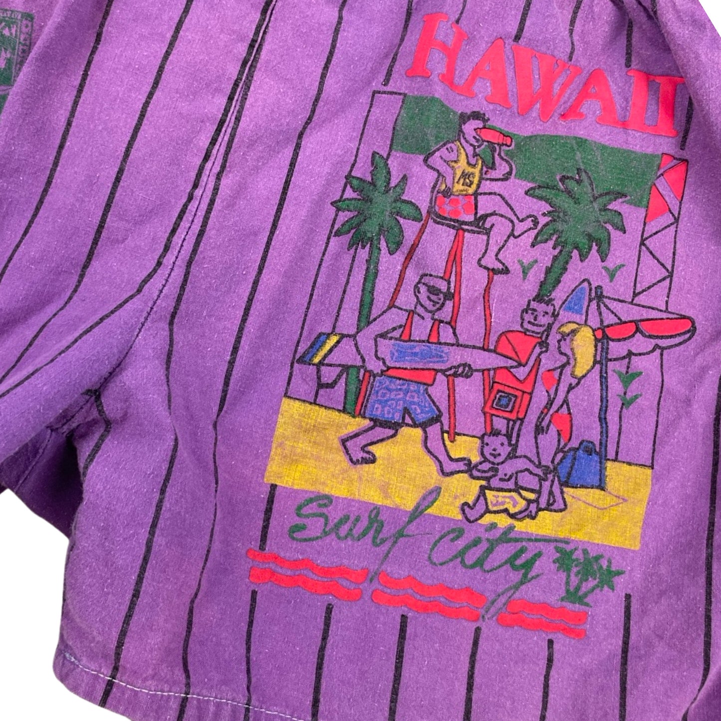 Vintage Hawaiian Graphic Striped Purple Cotton Shorts L/XL