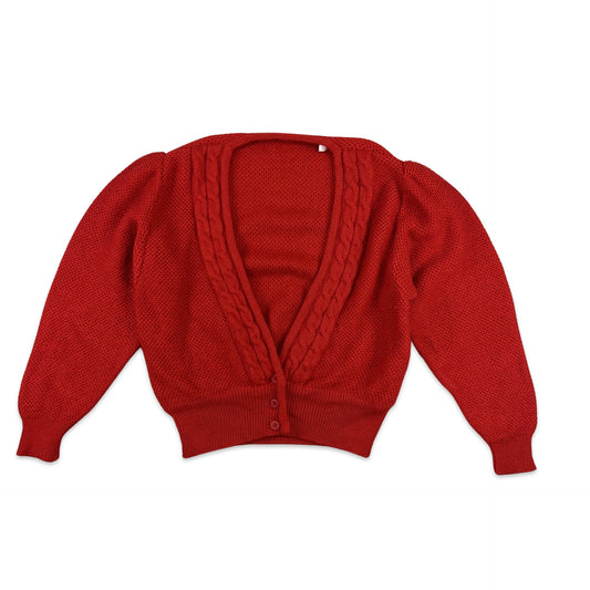 Vintage Cardigan Balloon Sleeve Rope Knit Red 12 14