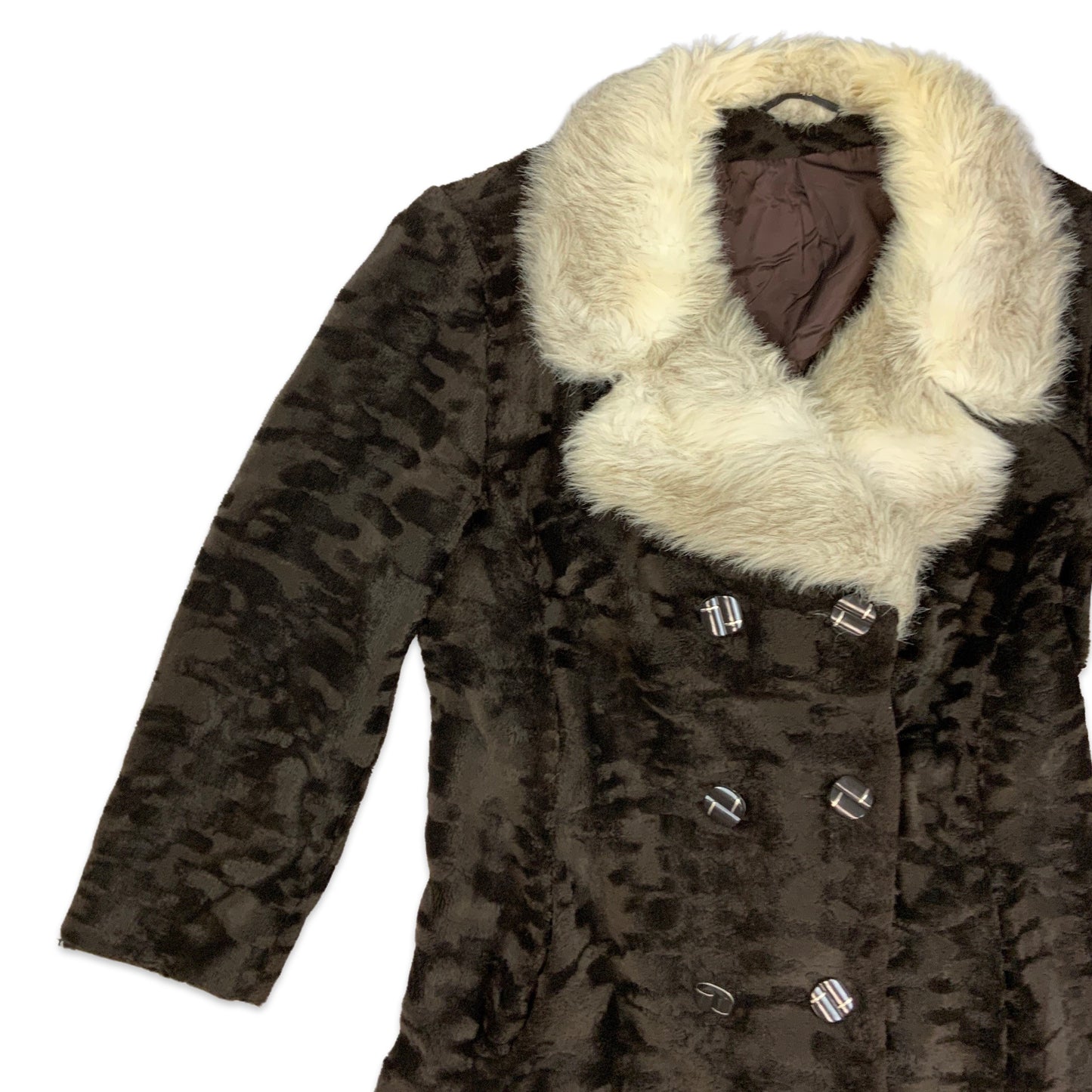 Vintage Brown Faux Fur Double Breasted Coat Shearling White 12 14 16
