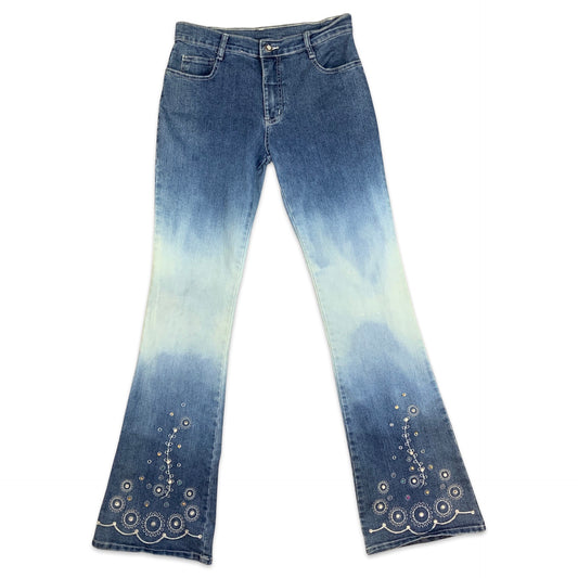 Vintage Y2K Light Denim Embroidered Low Rise Flared Jeans 10 12
