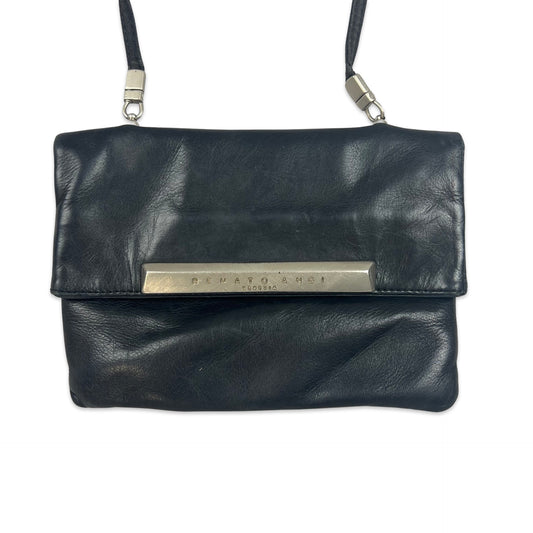 90s Vintage Crossbody Leather Handbag Black Silver