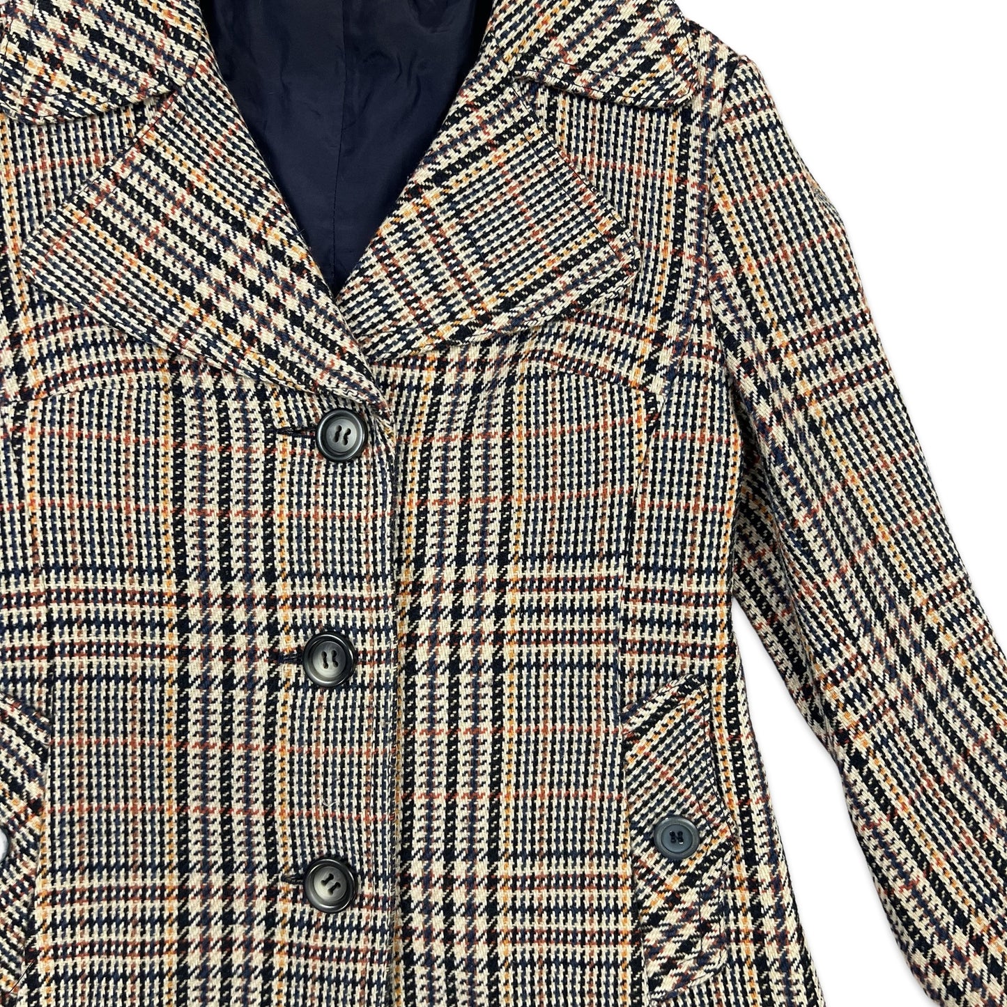 Vintage 60s Short Tweed Wool Coat Grey Blue Yellow Red Tartan 12