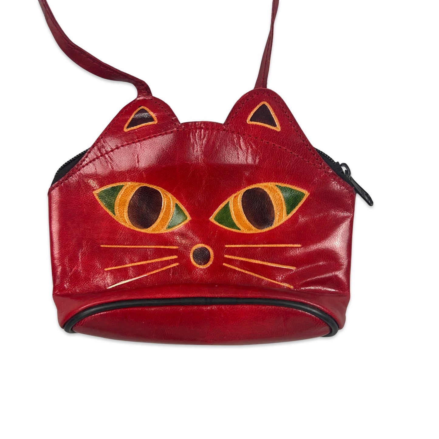 90s 00s Vintage Cat Crossbody Leather Bag Red Yellow Green