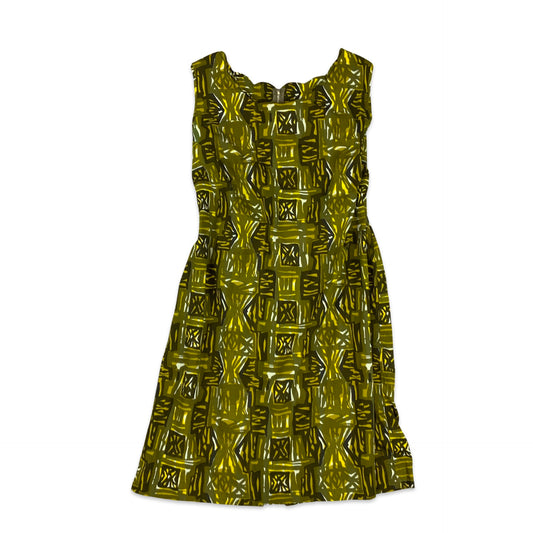 Vintage 60s Shift TIKI Graphic Print Dress Green Yellow Brown 10 12