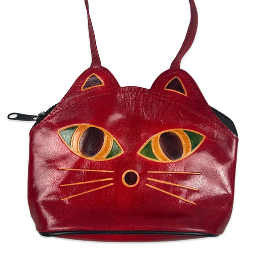 90s 00s Vintage Cat Crossbody Leather Bag Red Yellow Green
