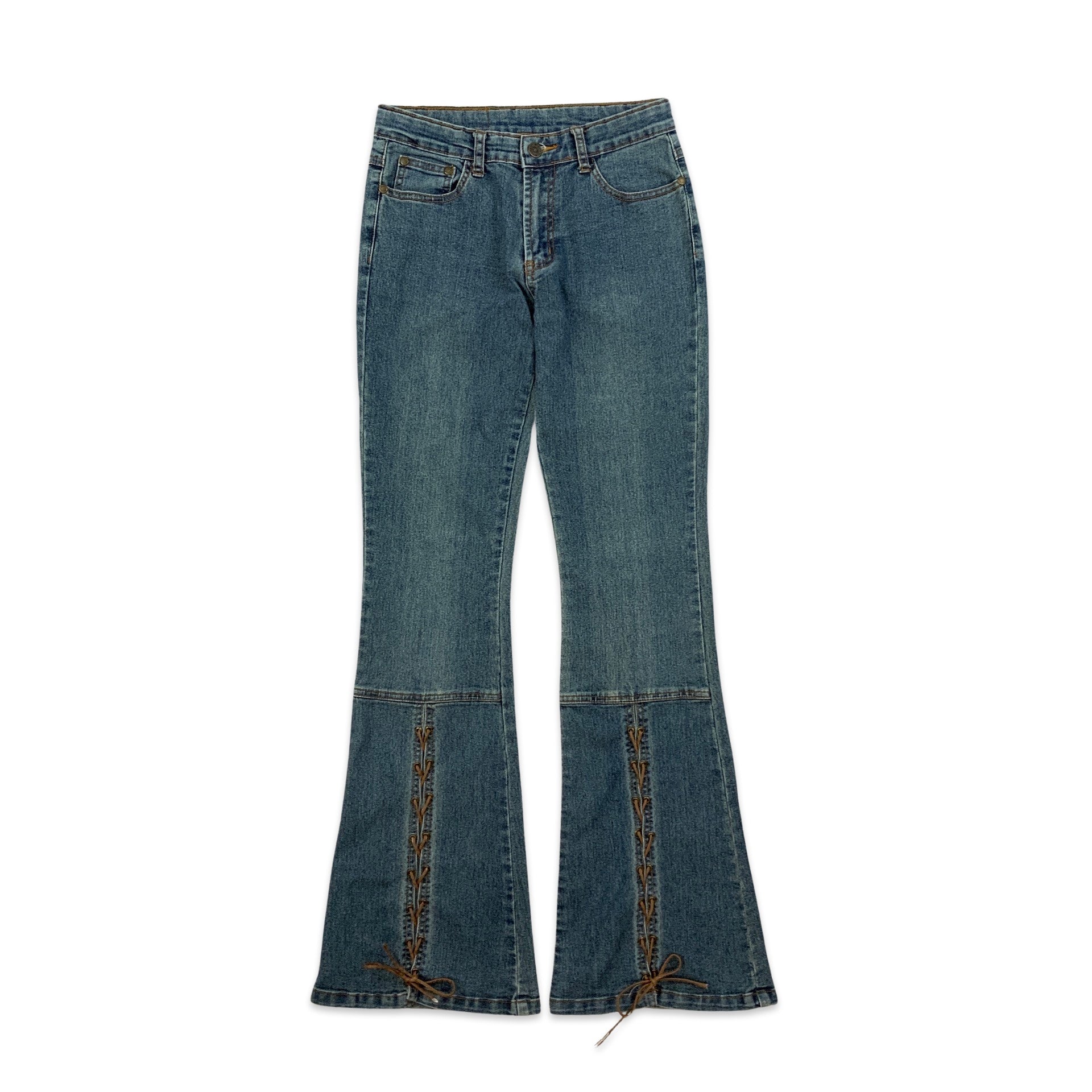 Y2K Mid Wash Flared Jeans with Lace Up Detail