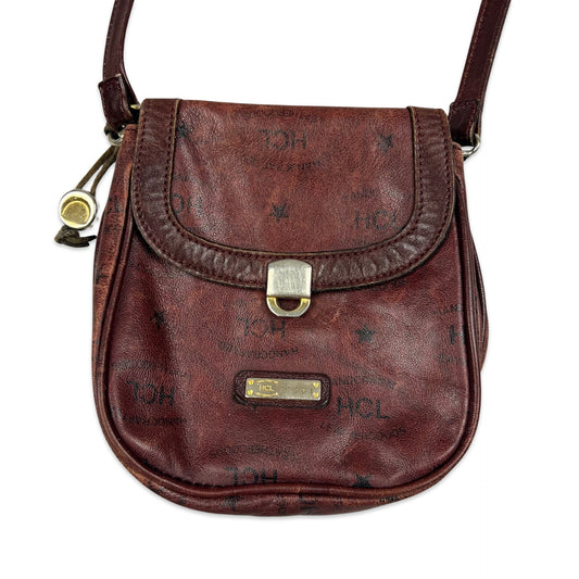 Vintage 90s Brown HCL Print Crossbody Leather Handbag