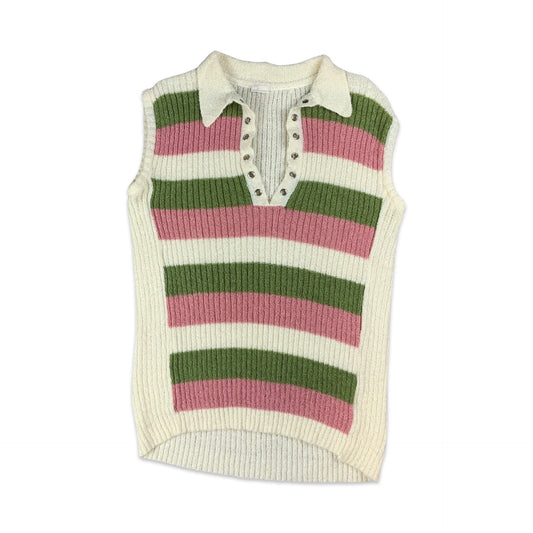 Vintage 70s White Pink & Green Striped Knitted Vest Top 14 16