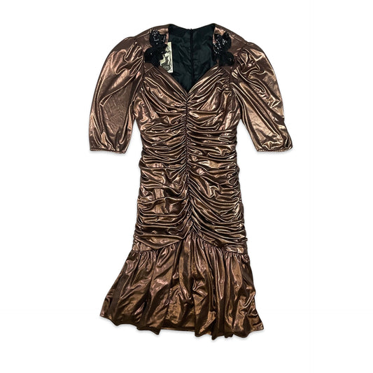 80s Vintage Midi Ruched Party Dress Metallic Bronze 10