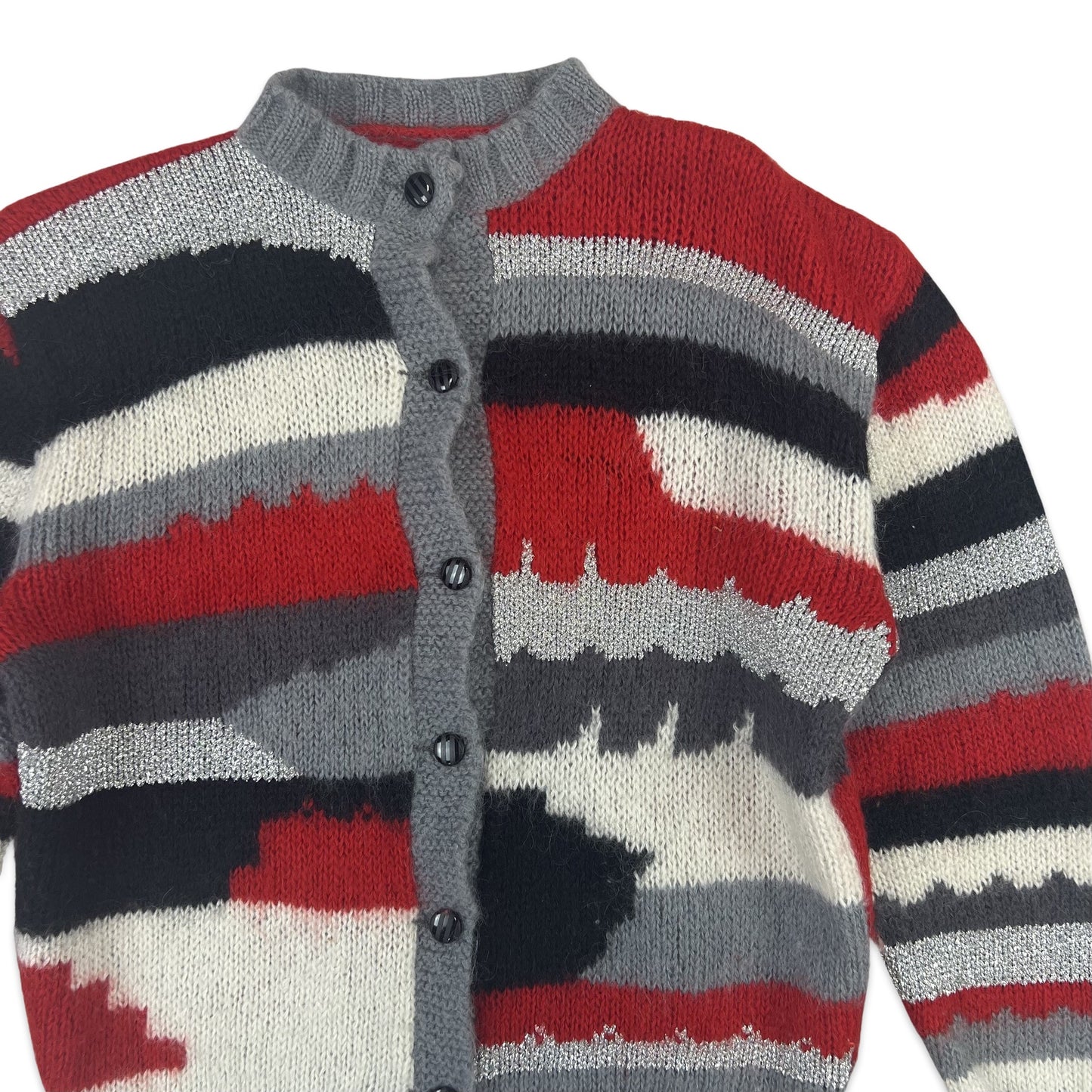 Vintage Abstract Stripe Mohair Cardigan Grey Black Red 10 12 14