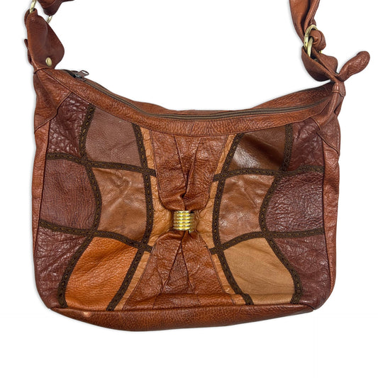 90s Vintage Patchwork Leather Crossbody Handbag Brown Gold
