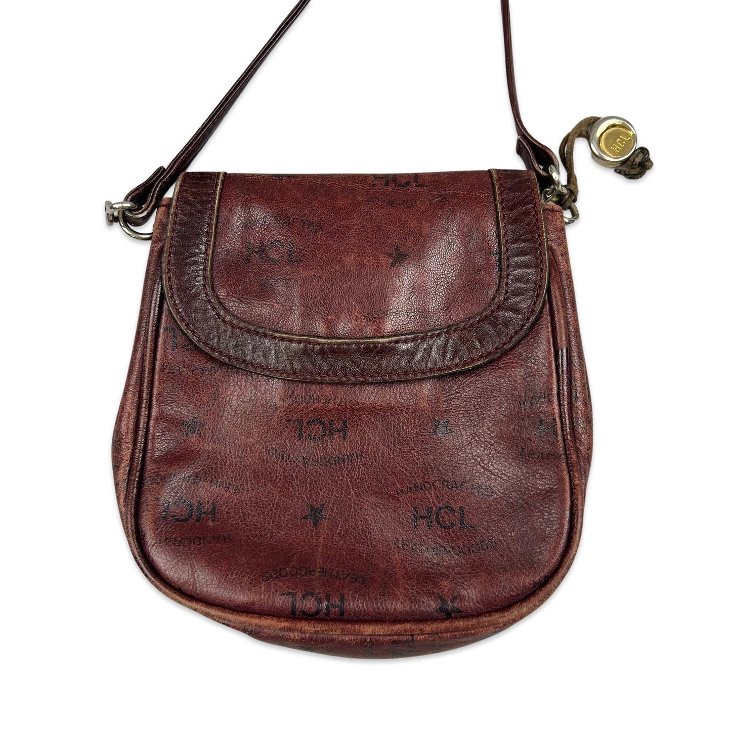 Vintage 90s Brown HCL Print Crossbody Leather Handbag