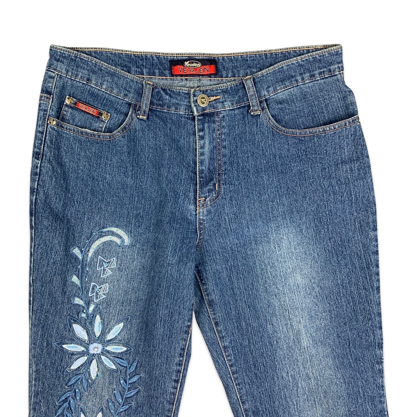 Y2K Low Rise Bootcut Denim Jeans with Floral Embroidery 12 14