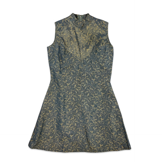 60s Vintage  Blue Gold Brocade Dress 10 12