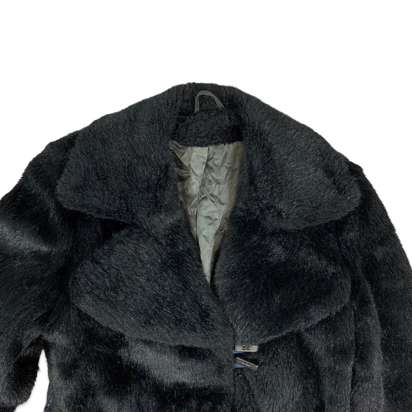 Vintage 90s Black Faux Fur Belted Maxi Coat 10 12