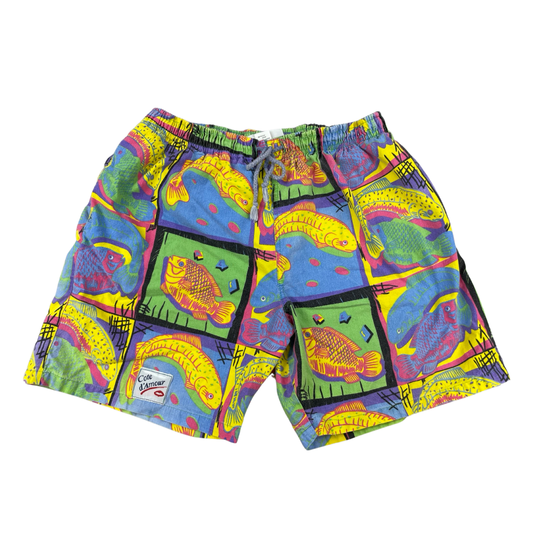 Vintage Multicoloured Fish Print Graphic Cotton Beach Shorts M/L