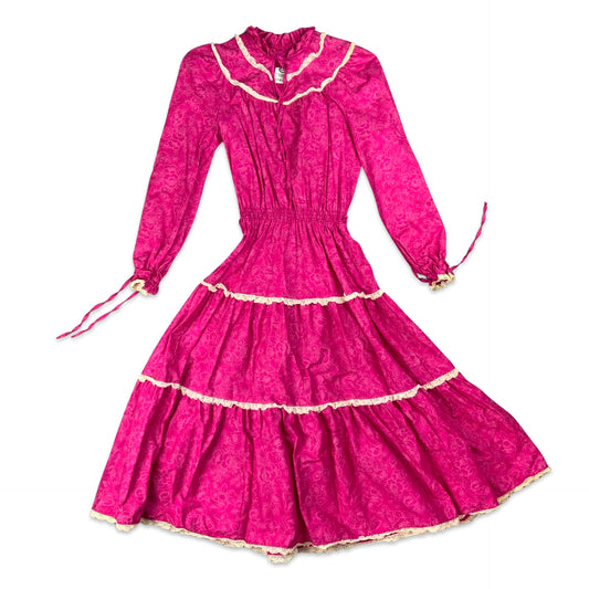 Vintage 80s Pink Floral Prairie Folk Boho Dress 8 10