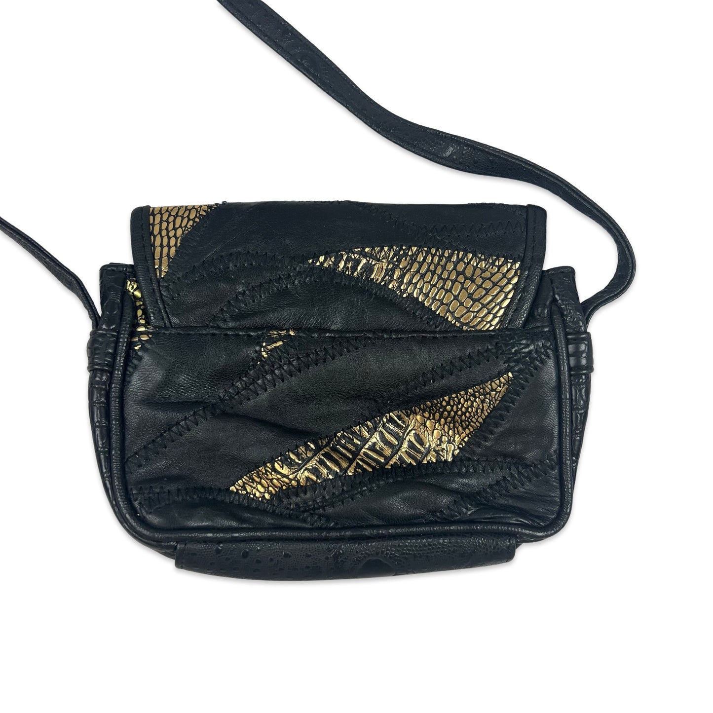 Vintage Patchwork Croc Crossbody Small Leather Handbag Black Gold