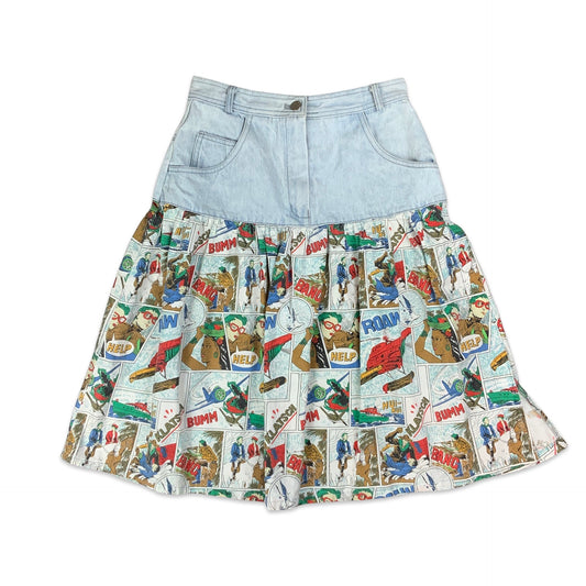 Vintage 90s Denim Midi Skirt with Novelty Comic Fabric Detail 6 8