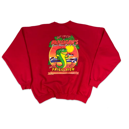 Vintage Hanes "Mulligans" Fish Print Graphic Red Sweatshirt XXL
