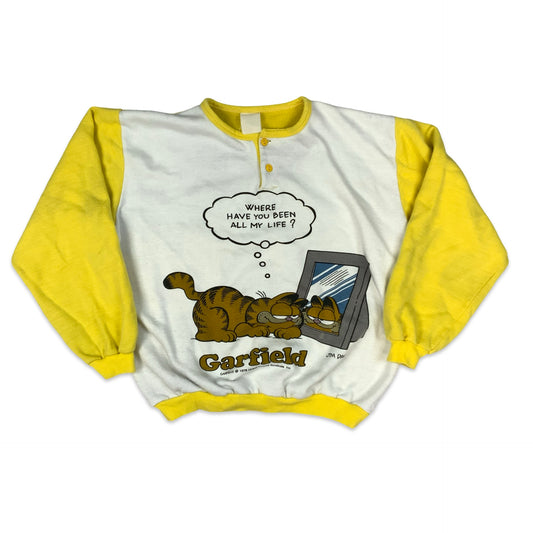 Vintage 1980s Garfield Yellow & White Graphic Print Henley Sweatshirt M