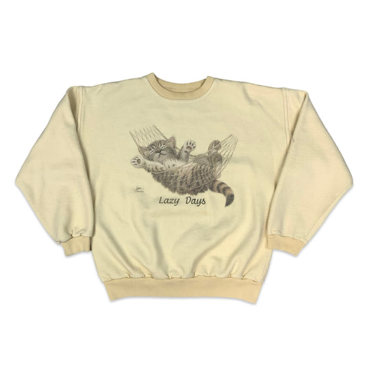 Vintage 90s "Lazy Days" Cat Graphic Print Cream Sweatshirt M