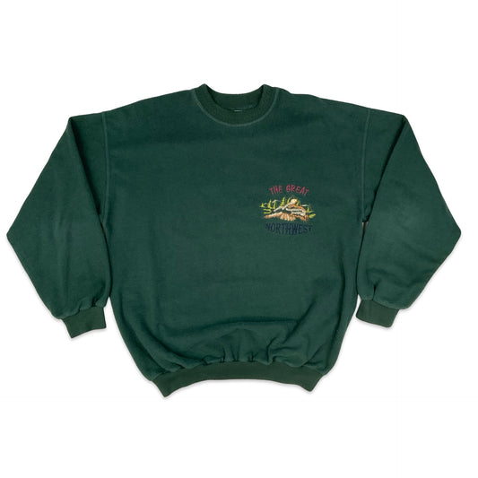Vintage 1980s 90s "The Great Northwest" Embroidered Green Fleece Sweatshirt XL