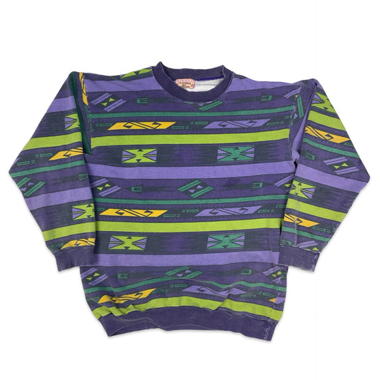 Vintage 70s 80s Purple & Green Aztec Print Sweatshirt L