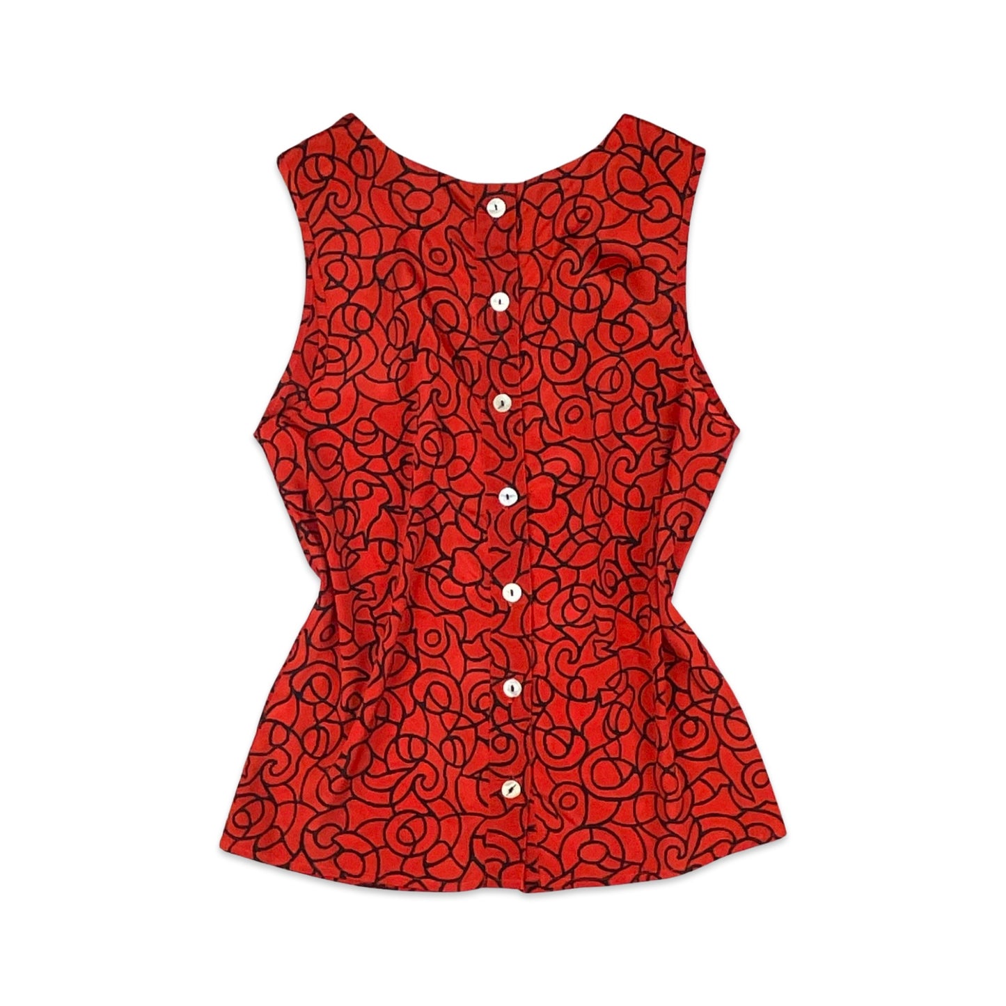 90s Red & Black Button Up Sleeveless Blouse 6 8 10