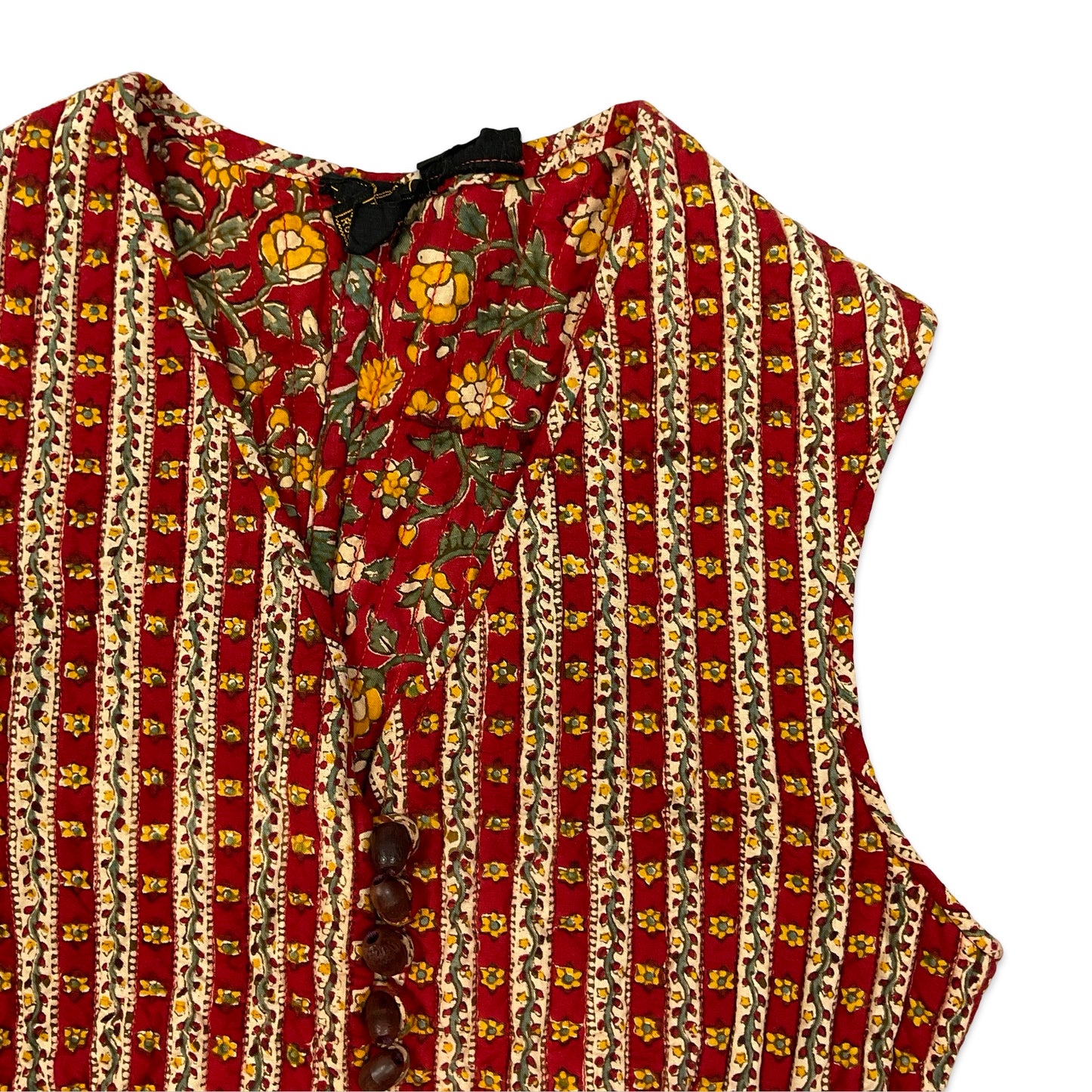 Vintage Red & Beige Floral Print Quilted Waistcoat 12